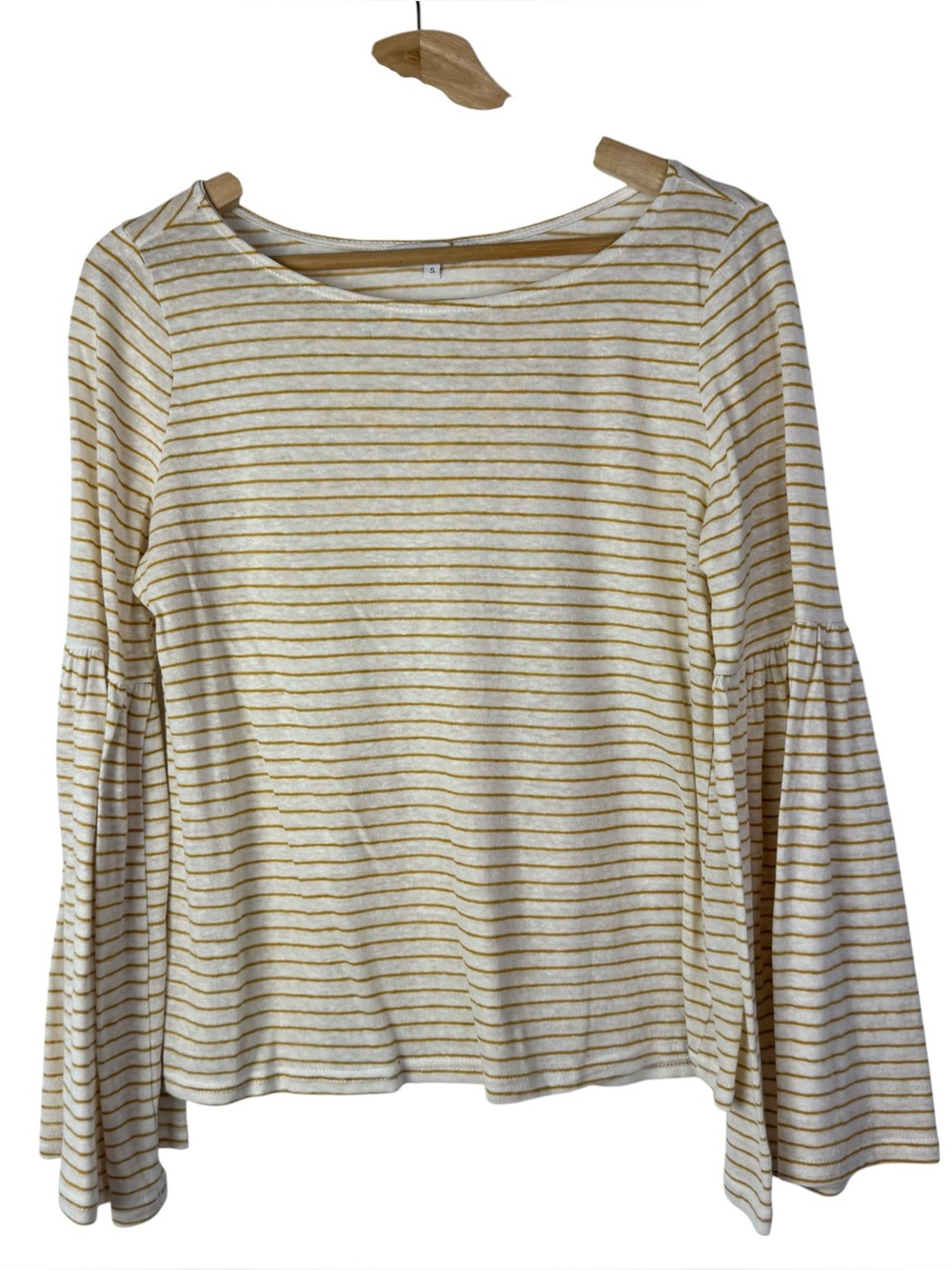 Boutique Olivaceous White & Yellow Stripe Long Bell Sleeve Top S